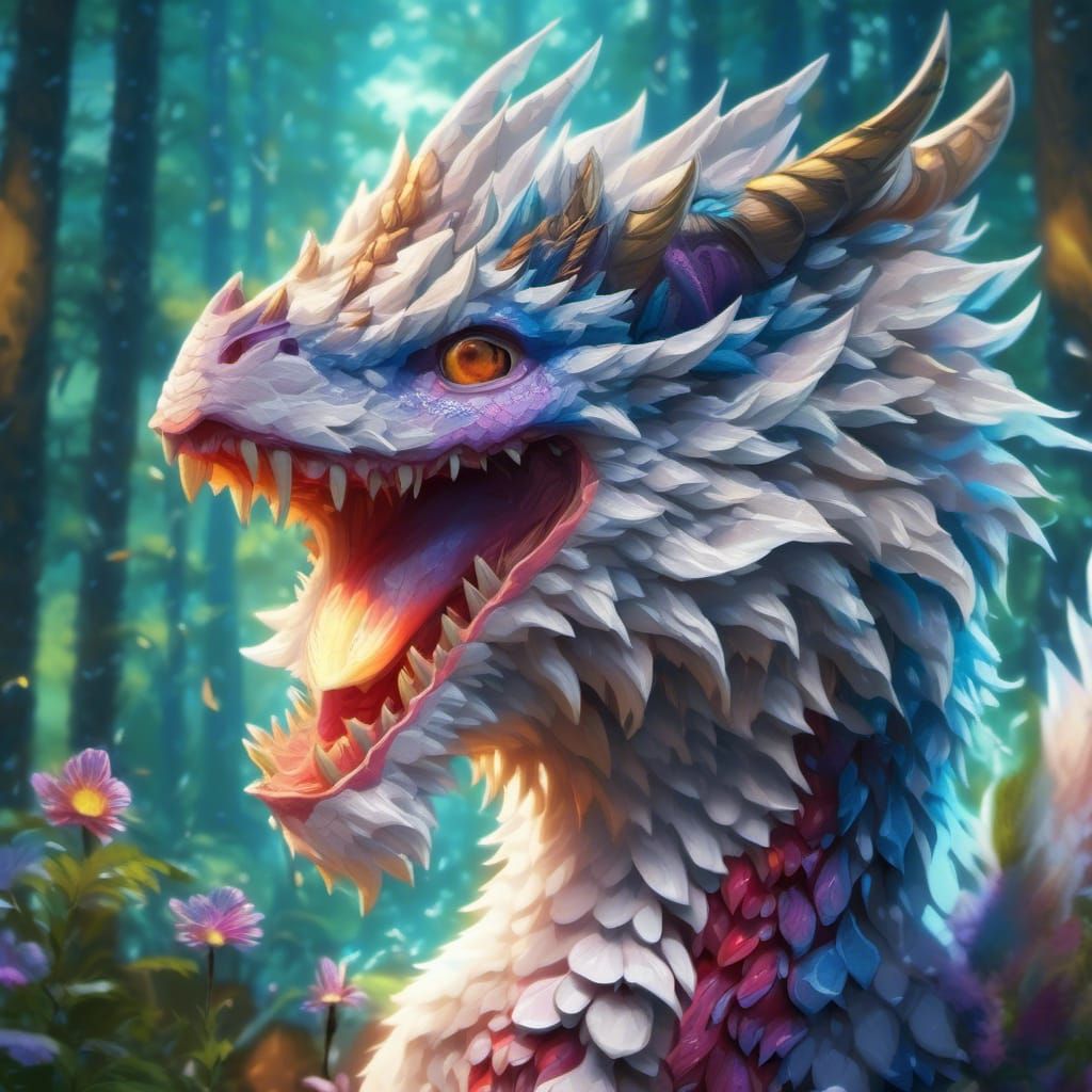 Mythical Dragon Growling in Forest, 3D Anime Art
