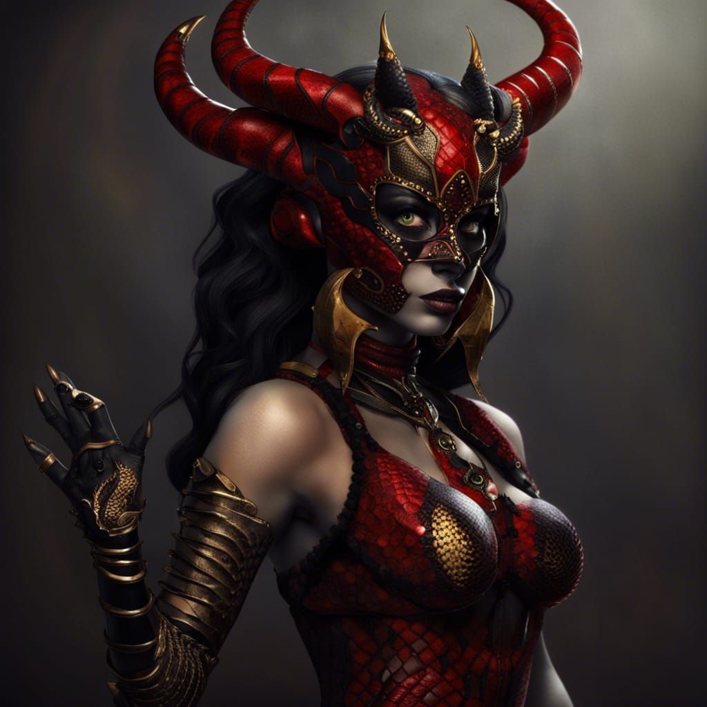 Beautiful female monster with snake textured red and black s...