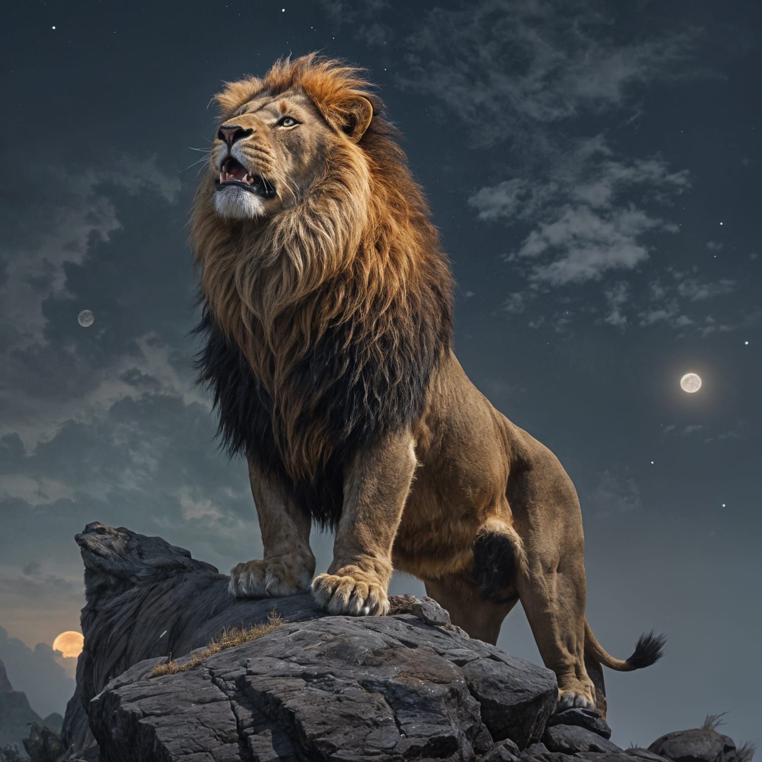 Majestic Lion Roaring at Moonlit Night