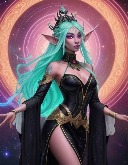 An intricately detailed blacklight poster of a jade elf with...