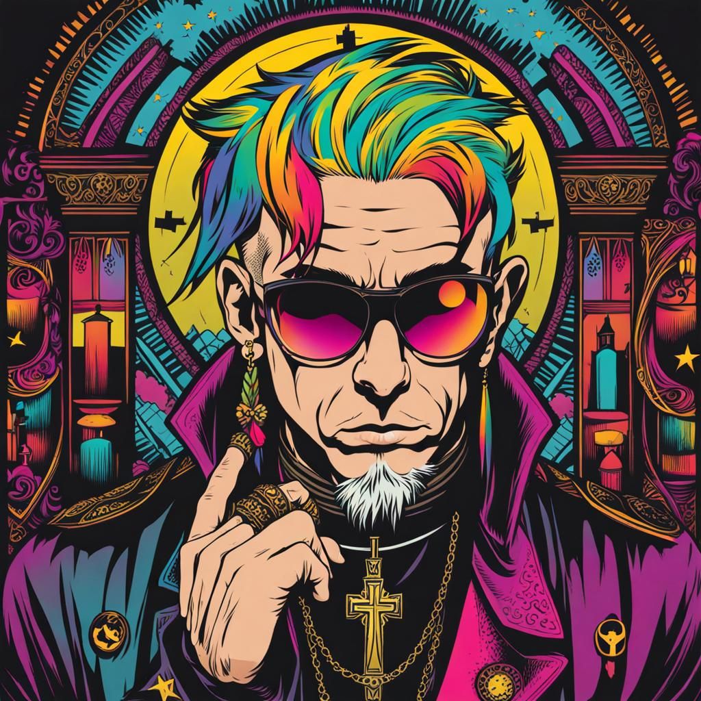 punk rock priest with colorful hair
