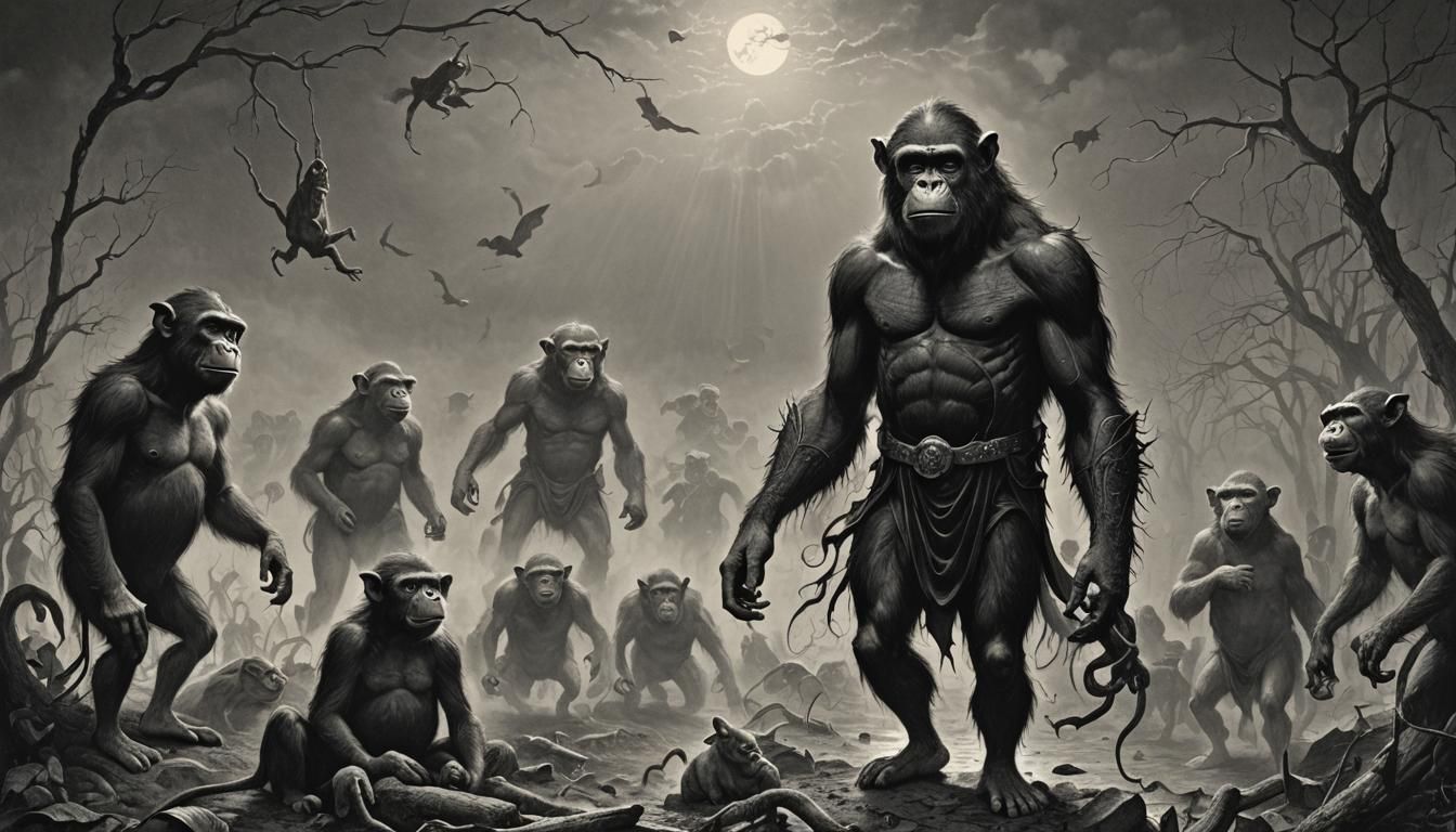 Surreal Banana Offering to Monkeys in Dark Fantasy Style