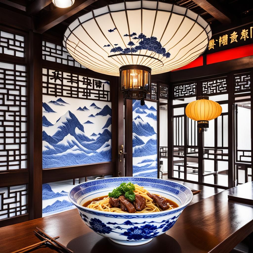 Beef Noodles in Blue and White Porcelain Bowl