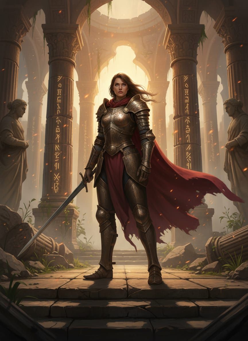 Warrior princess stands in ancient stone ruins