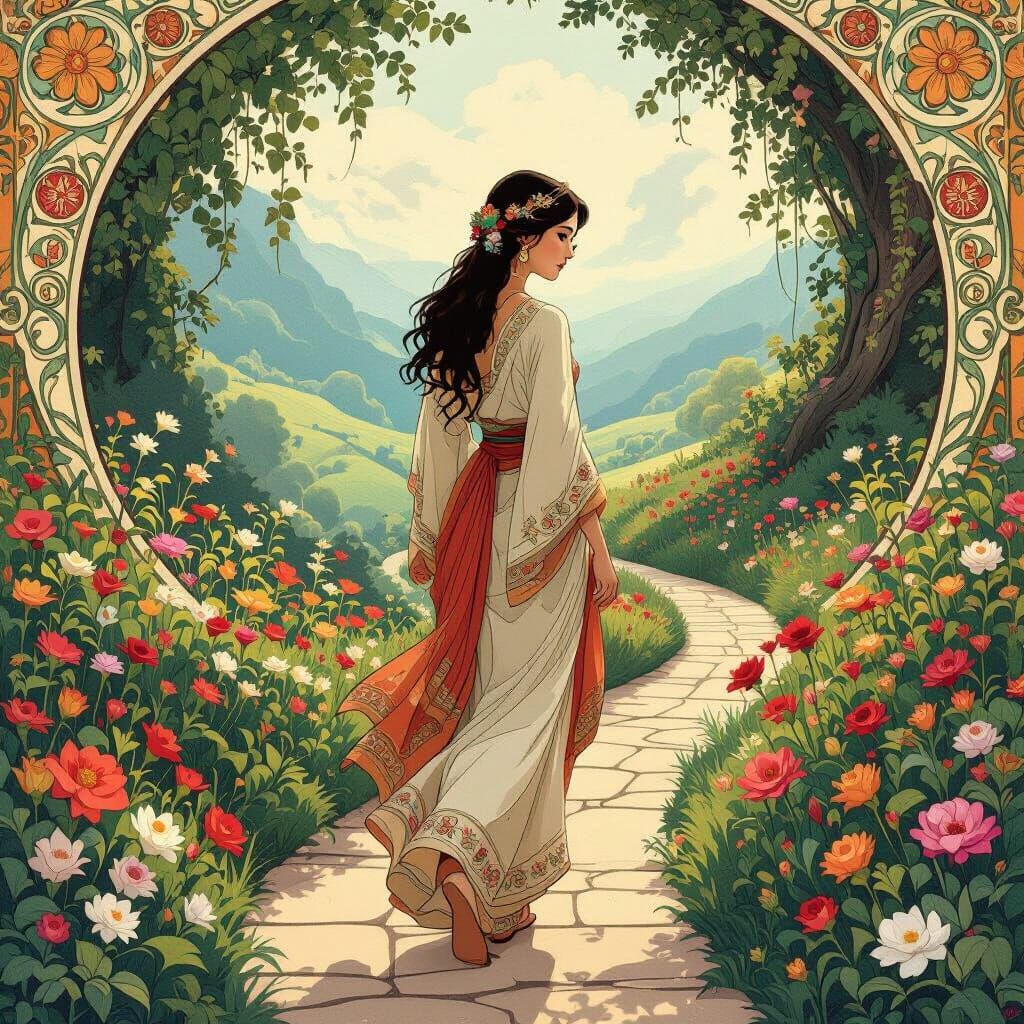 Serene Woman Walking Path in Art Nouveau Style