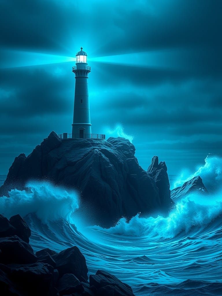 Lighthouse on a craggy rock in a rough sea, the light beams are bioluminescent creating an eerie blue haze, vibrant luminosity colours