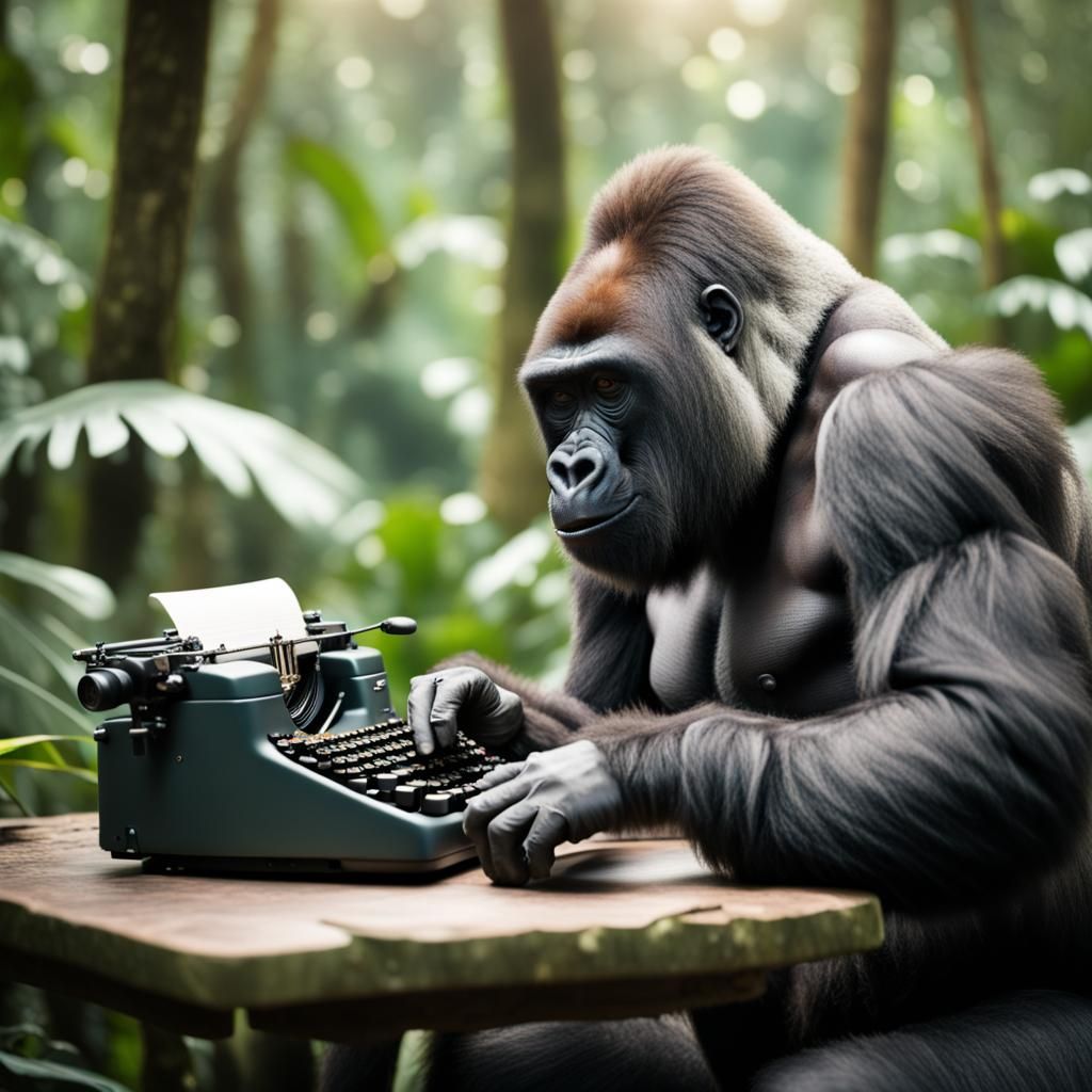 a gorilla typing on a typewriter in the jungle,  Professiona...