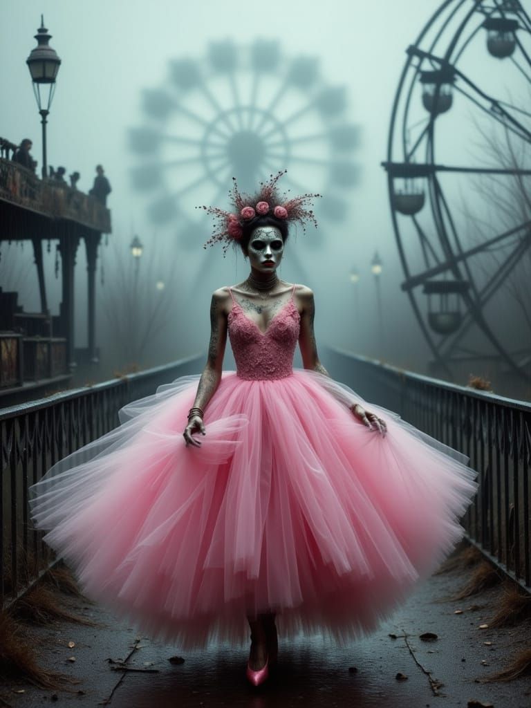 " <lora:fog mist:1.0> <lora:Abyss:1.0> <lora:Macabre Flux:1.0> <lora:Evil Ways Flux:1.0>   Eerie haunted abandoned carnival, ghostly beautif...