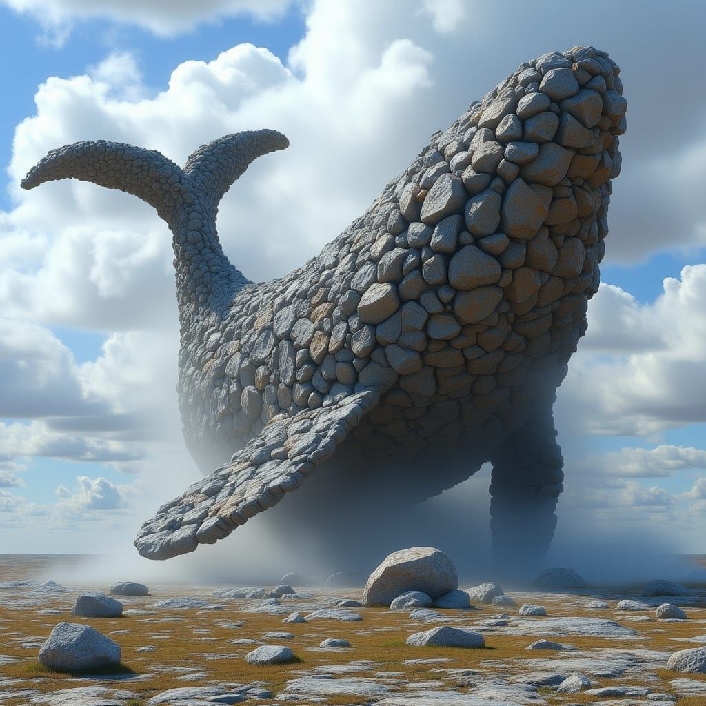  <lora:Swirling Stones v2:1.0> A whale made of rocks is falling from the sky, in the style of Tomasz Alen Kopera