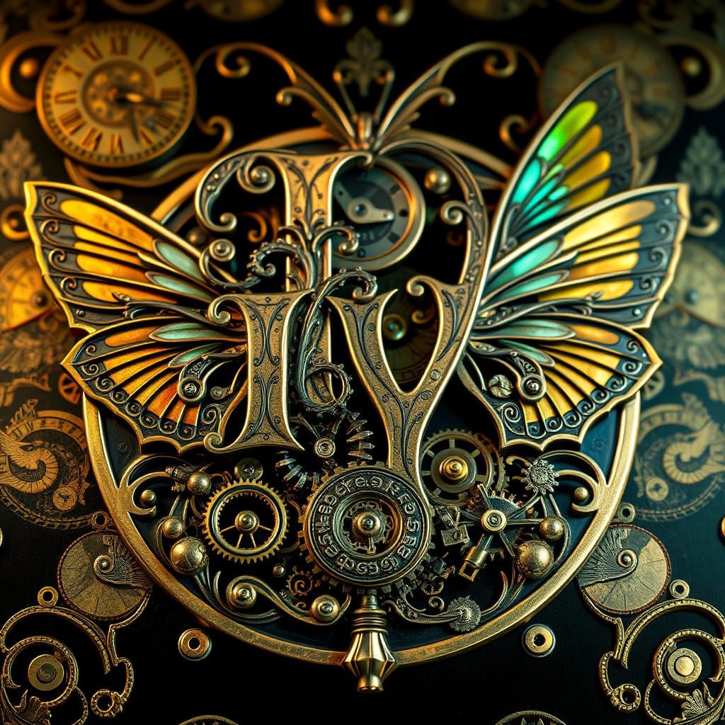 art nouveau monogram IY::4, Tim Burton meets Gustav Klimt style::3, letters morphing into twisted Victorian clockwork::2, absinthe fairy win...