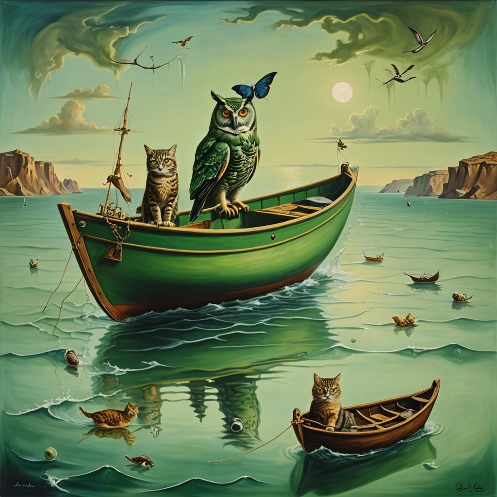 An owl and a cat  went to sea in a beautiful pea green boat.