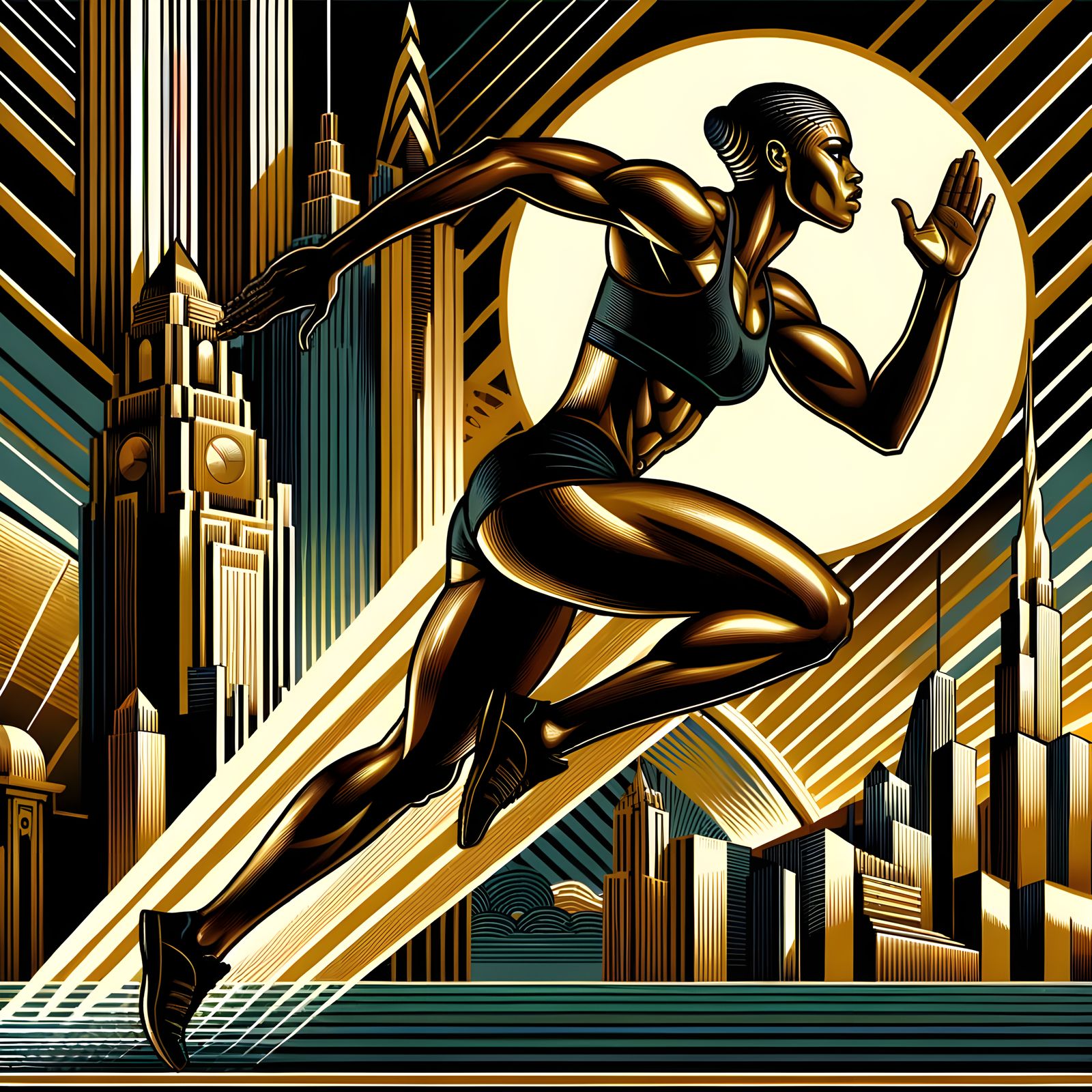 Art deco illustration. A powerful female athlete, perhaps a sprinter, captured mid-stride in a dynamic ...  by @Evan Fischer
