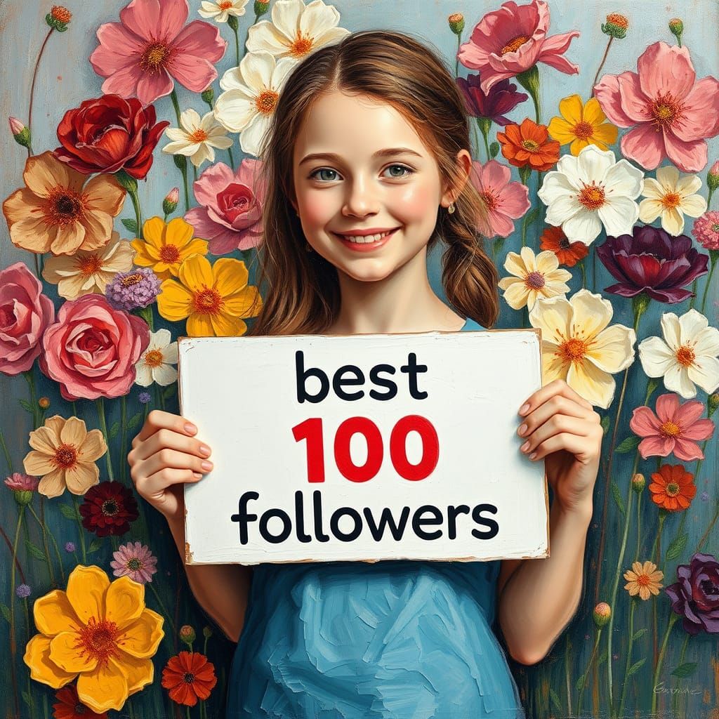 Smiling Girl Celebrates Followers in Floral Oil Painting