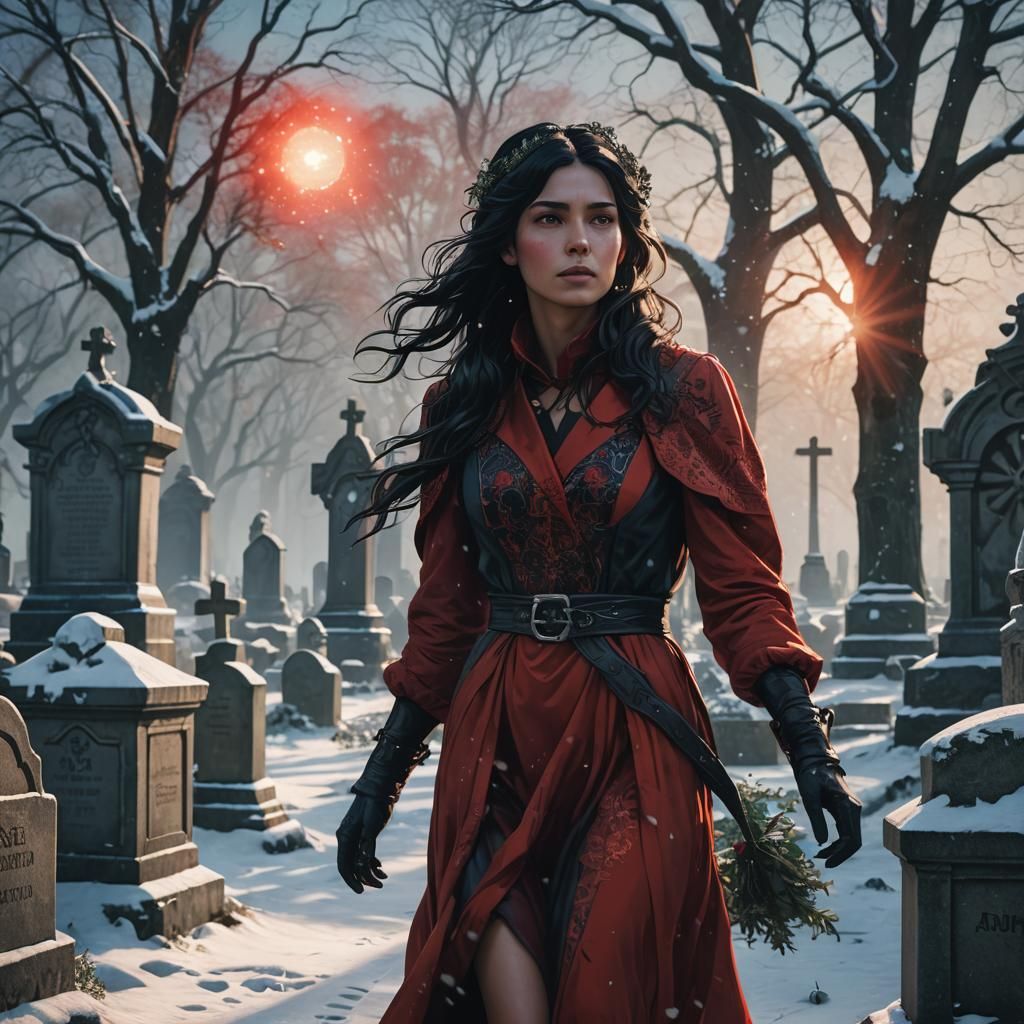 A black haired woman walking in a graveyard under the snow.