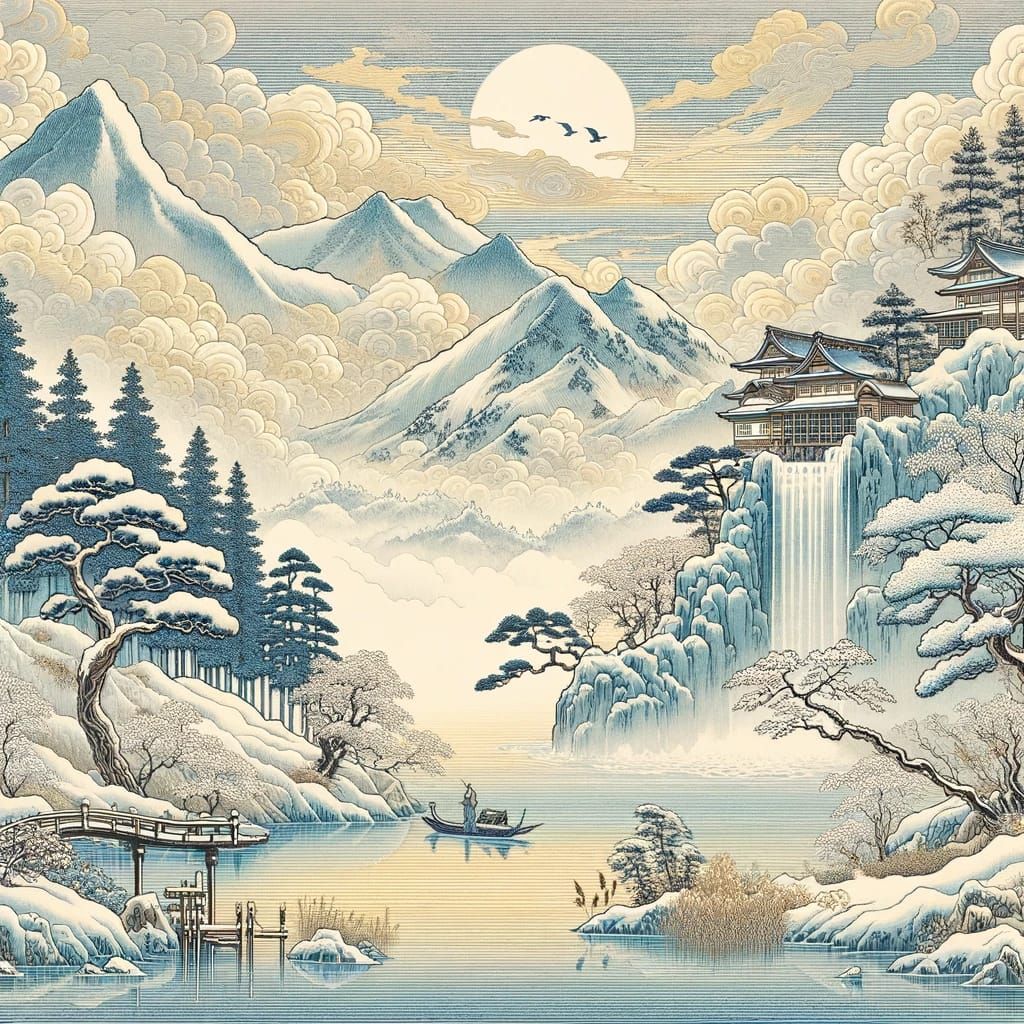 Winter scene in style of Hokusai  by @allbad