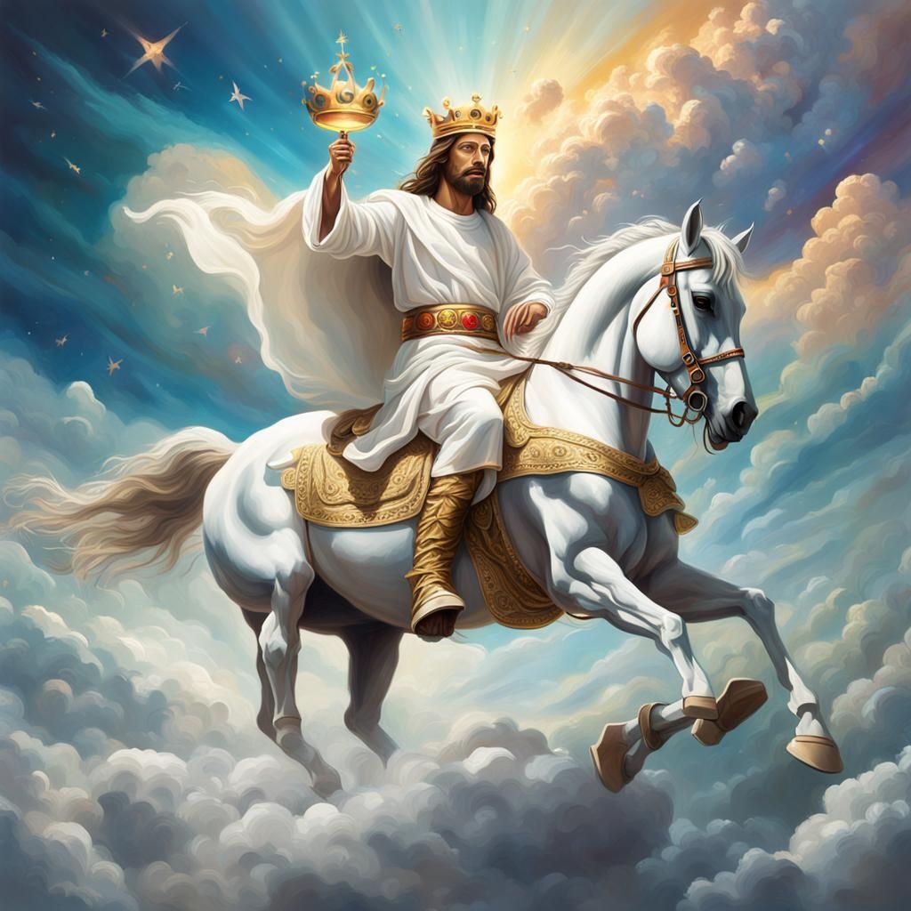 Jesus in White clothes with a crown on his head on white hor...