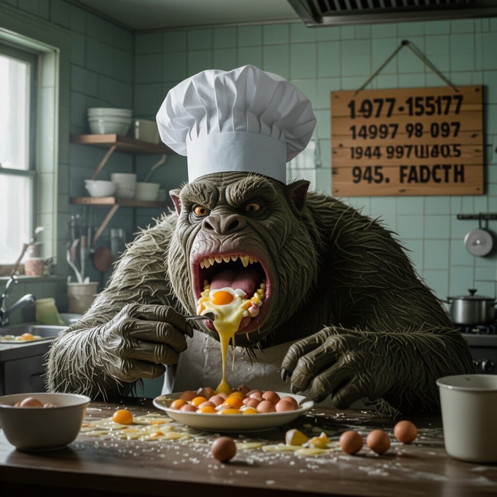 Giant Goofy Chef Devouring Eggs: Del Toro Style