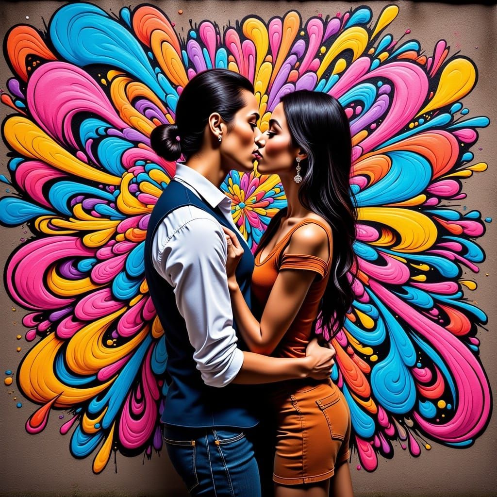 <lora:Street Art Fx:1.0> in style Lady Pink, colorful murals of couple kissing, graffiti , street art, vibrant and detailed"