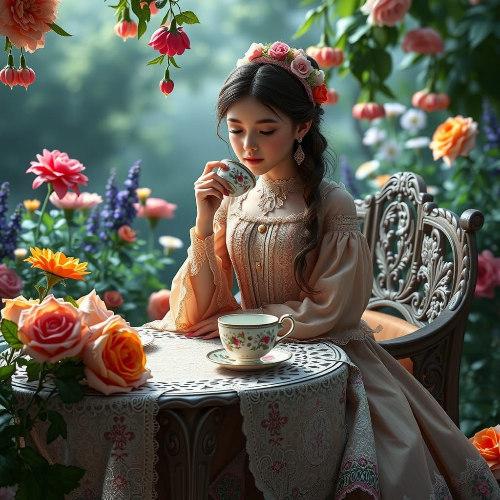 Victorian Girl Sipping Tea in Whimsical Garden