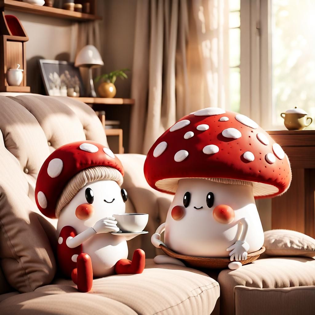 A close-up of a red, white-spotted mushroom character, engag...