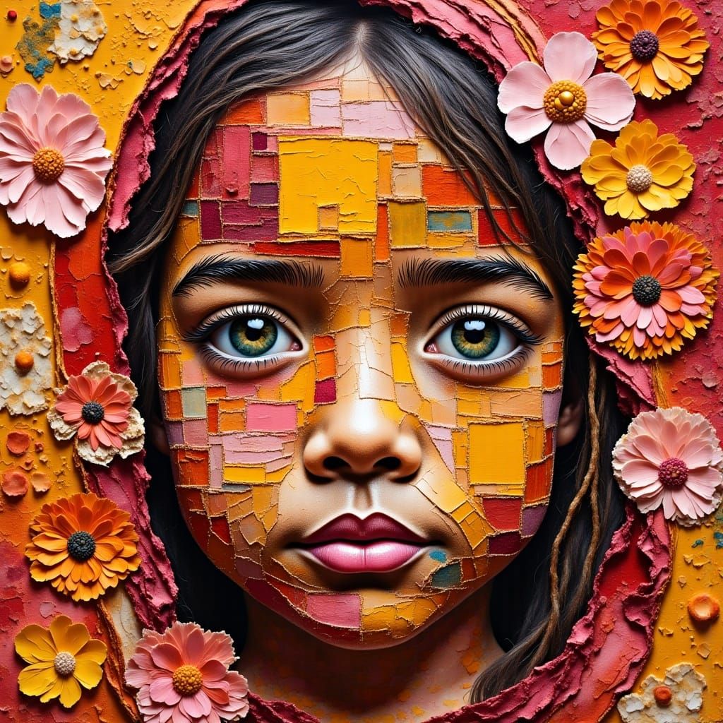 <lora:Impasto Patch:1.0>One little girl portrait is made entirely of textures and patterns such as floral, patchwork, and mixed media, in ye...