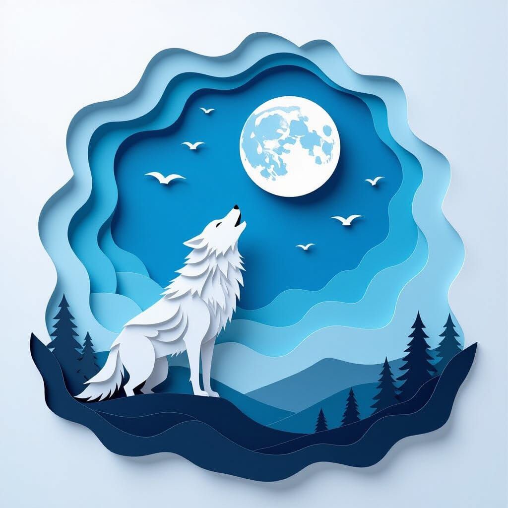 A lone, spectral wolf howling at a paper moon in a sky made of layered blue and white paper. The wolf's ...  by @Charleen