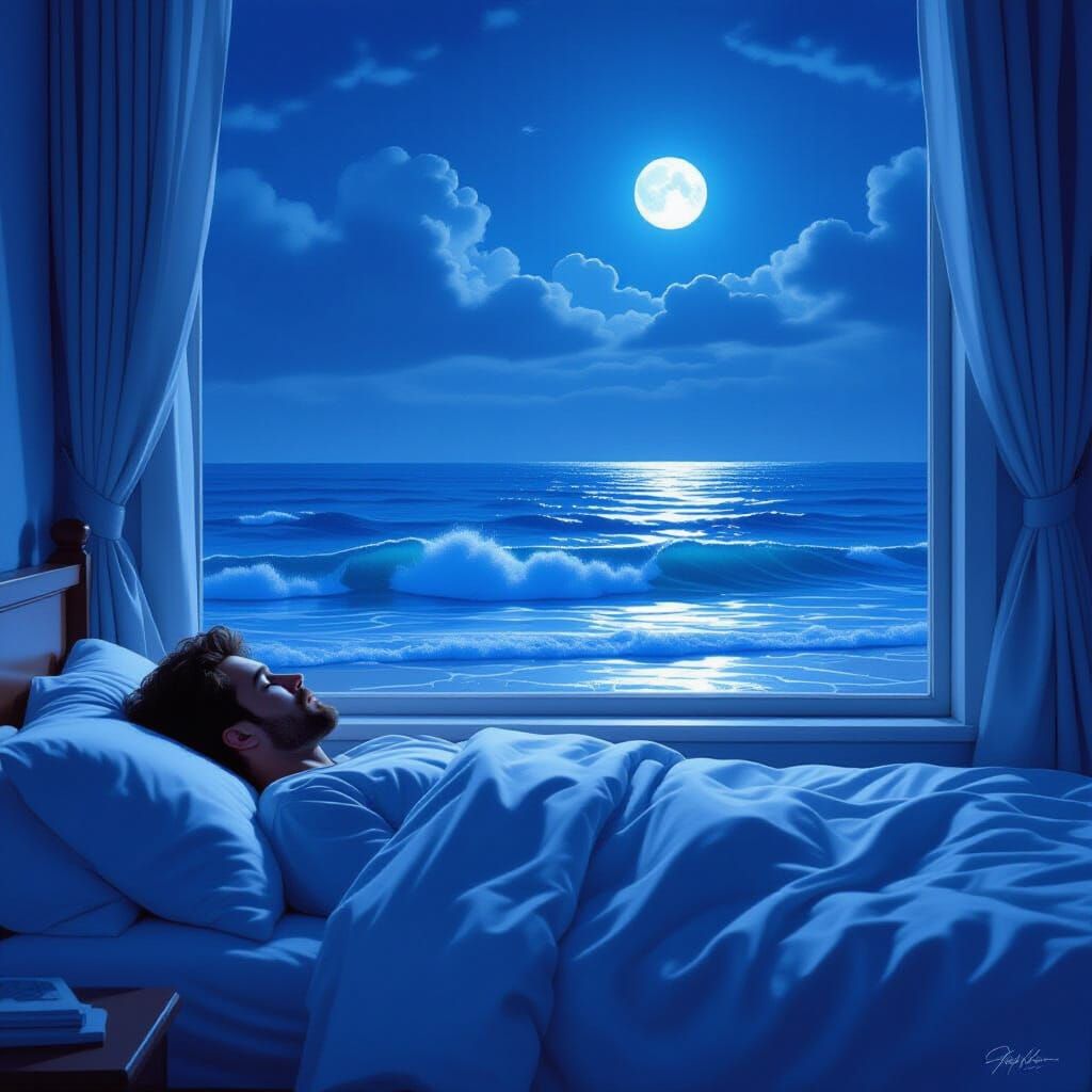 Man Dreams of Serene Ocean View From Bed