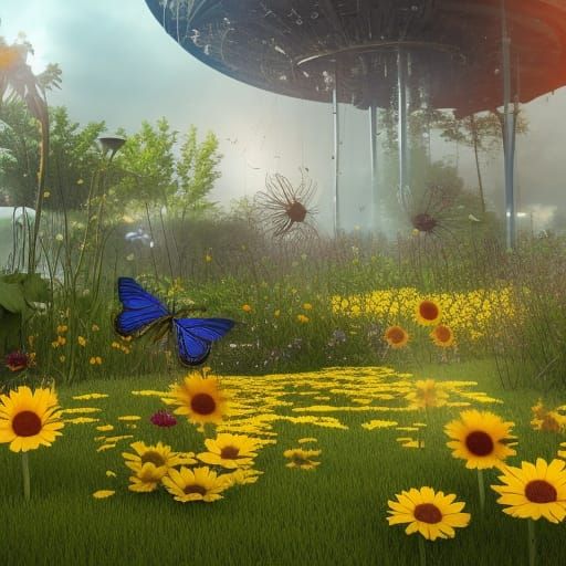 Daisies, Sunflowers, Butterflies in a garden