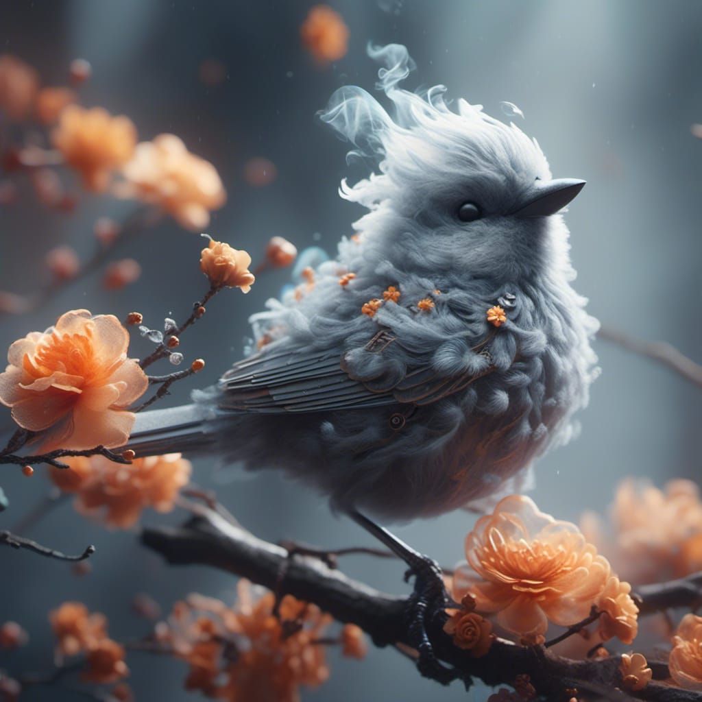<lora:DALLE-3 Hyperrealism:1.0> Insanely detailed hyper-realistic adorable beautiful bird made completely out of delicate transparent gray s...