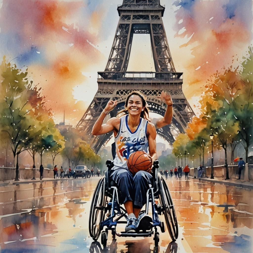 A female basketball player in a wheelchair with arms raised under the Eiffel tower, watercolor, modern 