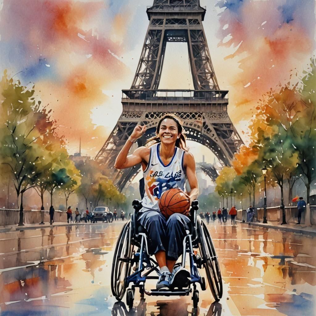 A female basketball player in a wheelchair with arms raised under the Eiffel tower, watercolor, modern ...  by @Tilted25