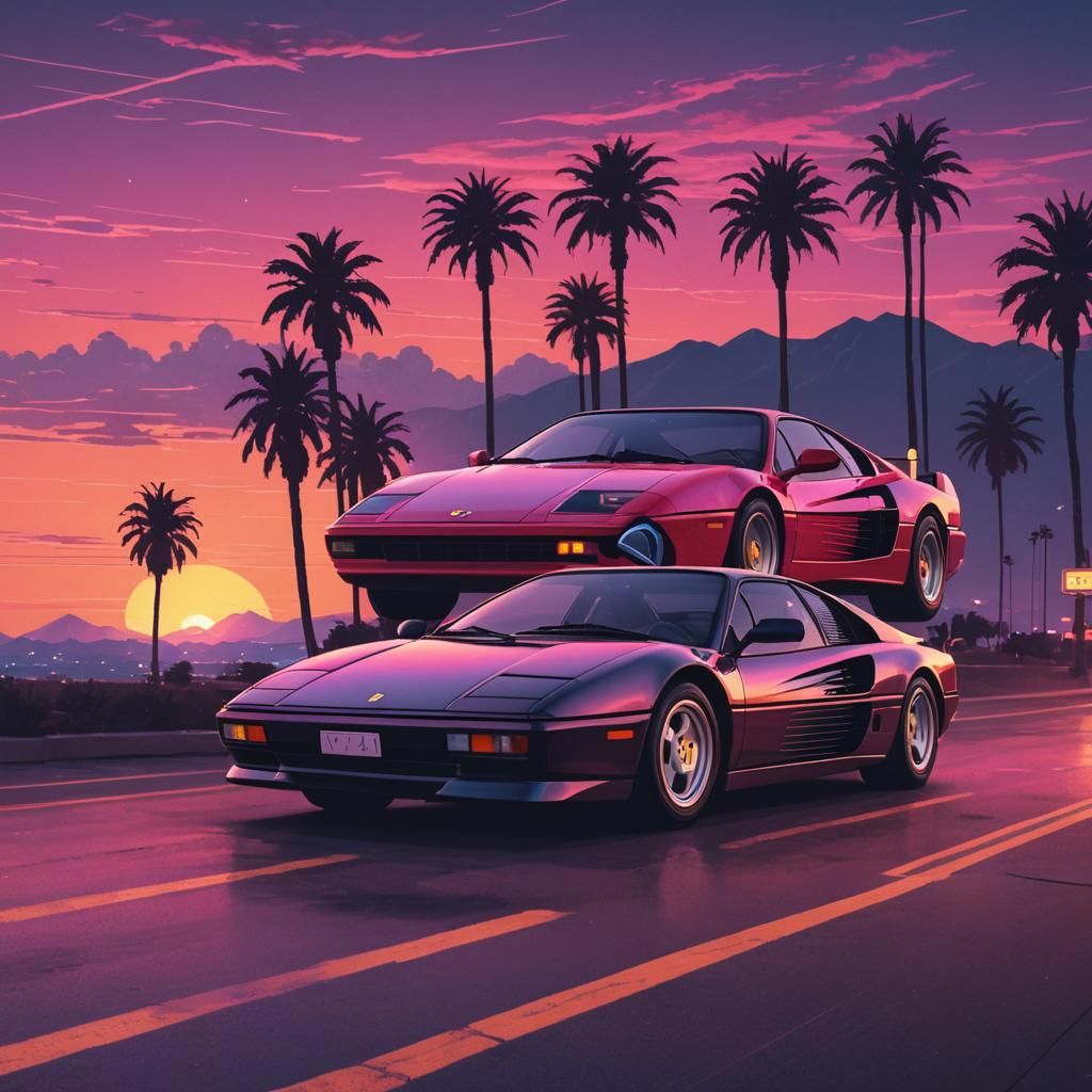 Synthwave Ferrari Testarossa and sunset - AI Generated Artwork ...