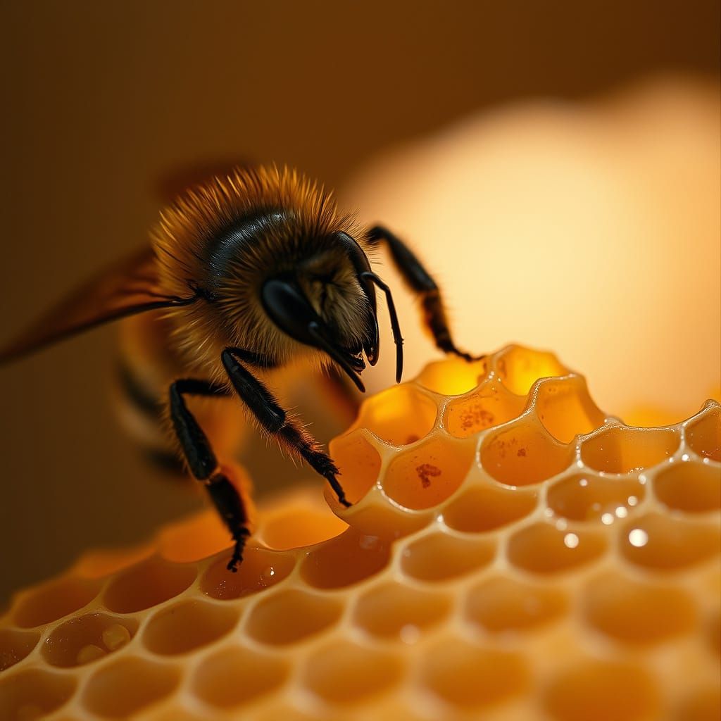 a bee filling a honeycomb with honey  by @Olst