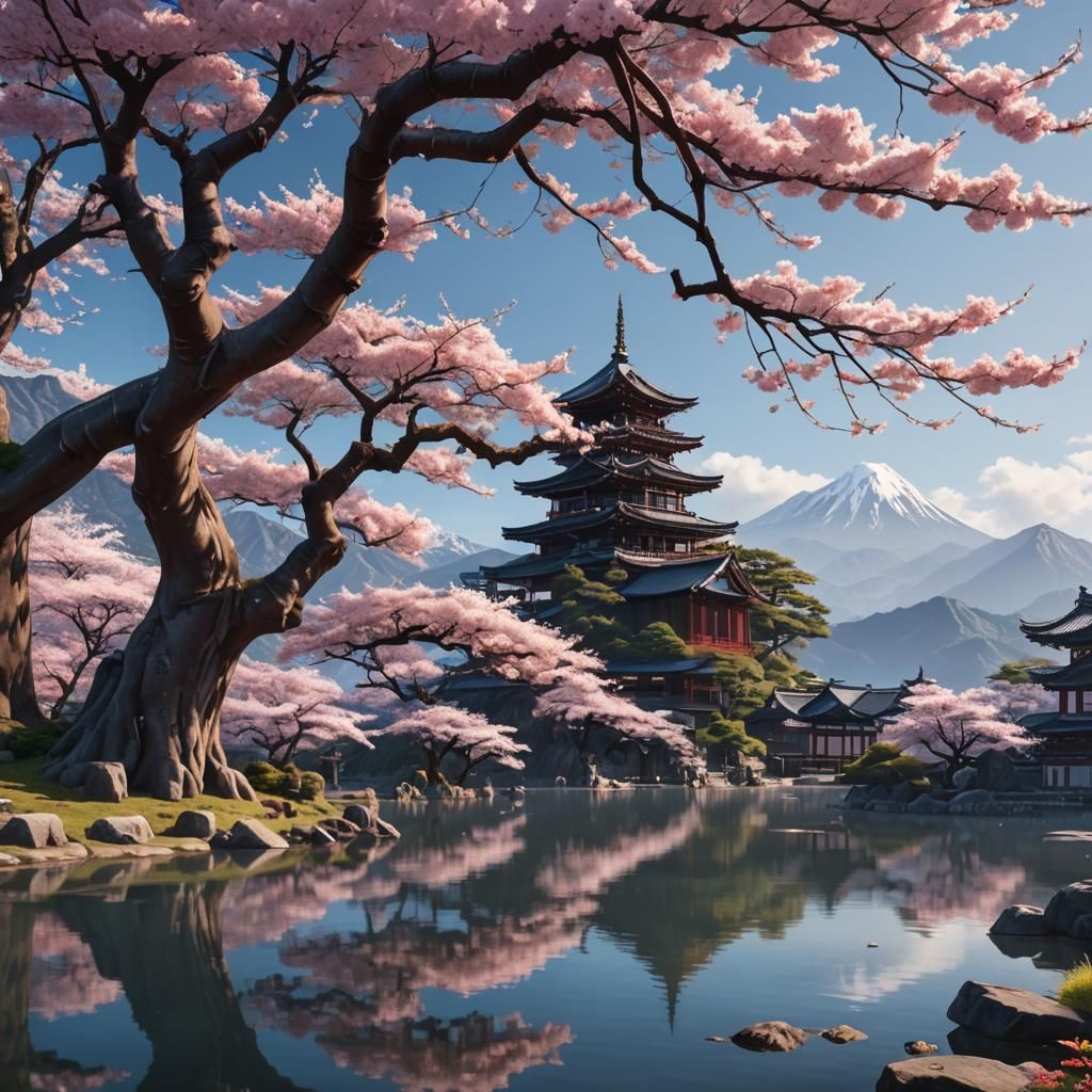 A beautiful ancient sakura tree in front of a lake. Mountain...