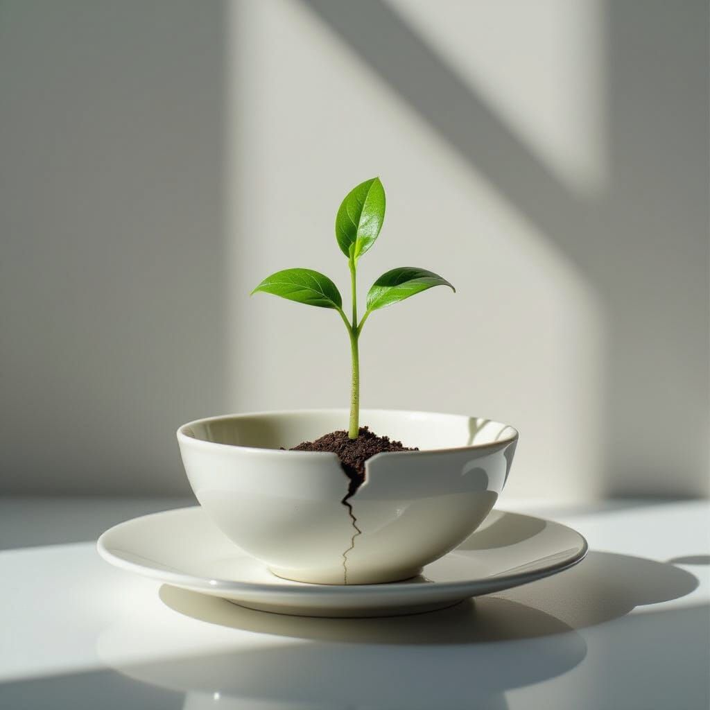 Single delicate green sprout growing from a crack in a white porcelain plate, empty background, soft shadows, minimalist aesthetic, high con...