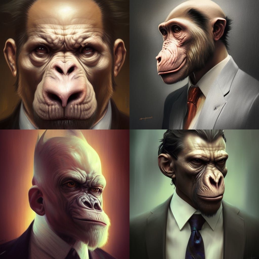 Ape in suit ,5D lighting,surreal fantasy art,detailed face