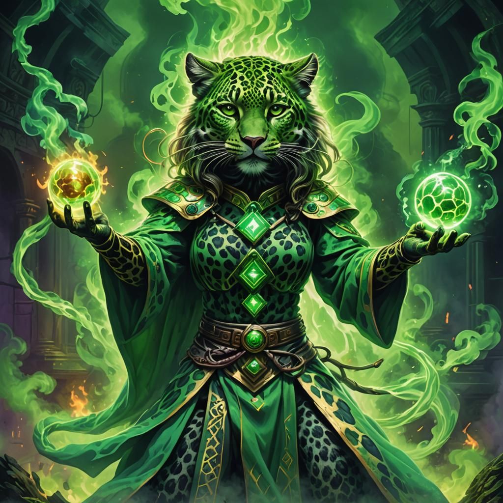 female tabaxi green leopard wizard surrounded by green smoke green ...