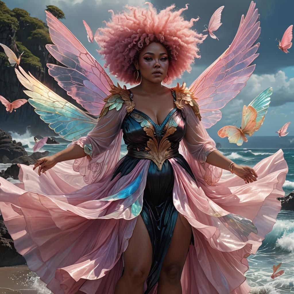 lightskin black woman, fat woman, flowy pastel dress, flowy pastel shirt,  pink afro, full face of makeup, ocean, iridescent fairy wings - AI  Generated Artwork - NightCafe Creator