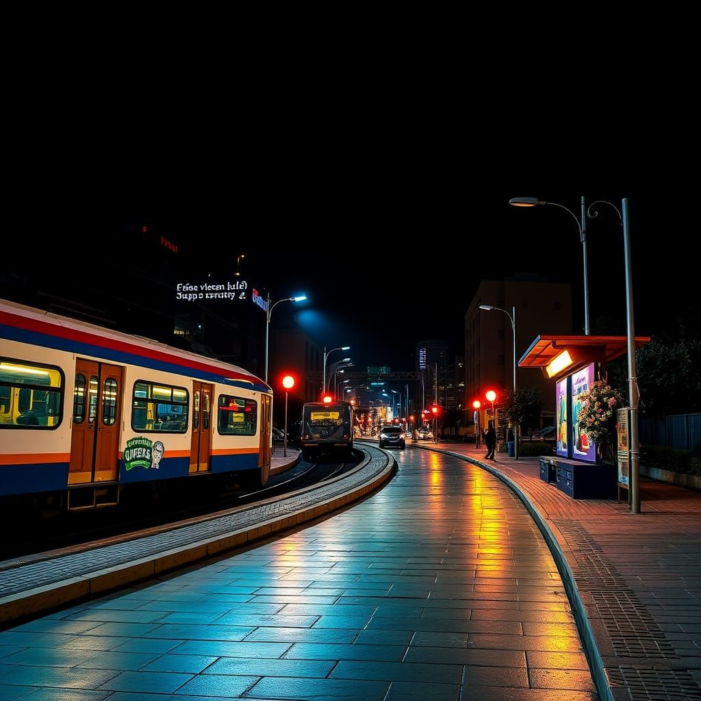 Future City Illuminated in Neon, with Flying Cars Zipping Be...