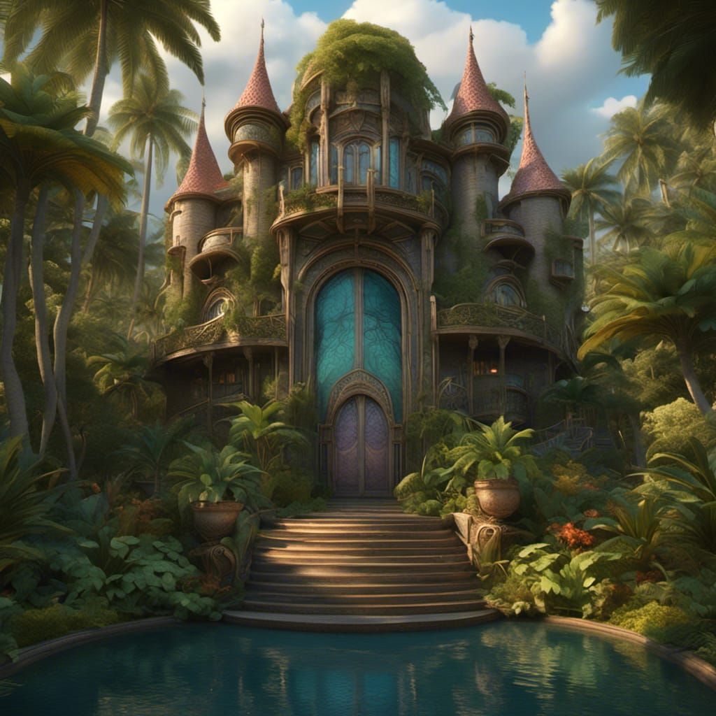 A castle entrance in a tropical environment <lora:Steskers Castles:1.0>3D, highly detailed, Art Nouveau