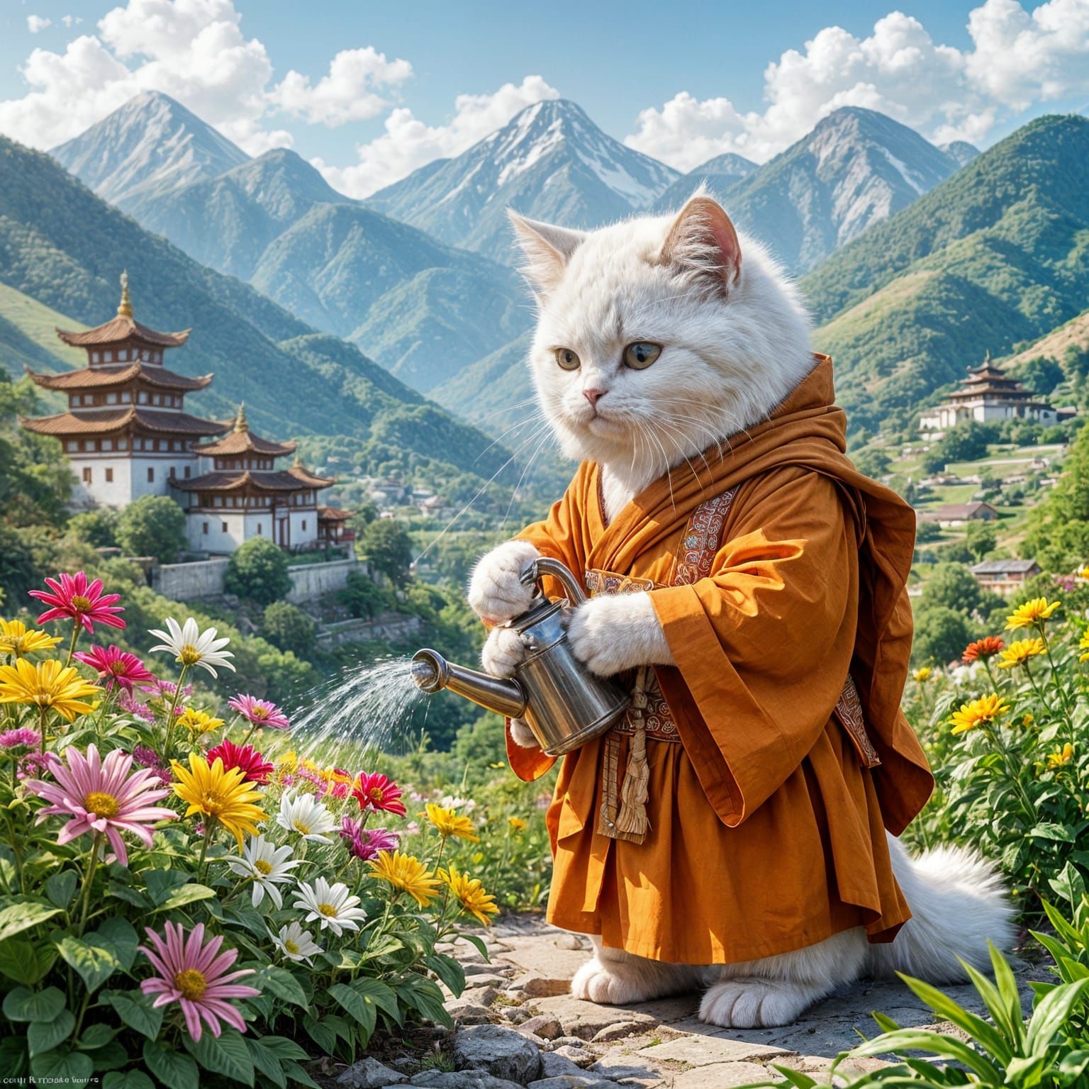 White Cat Monk Watering Flowers in Monastery Garden