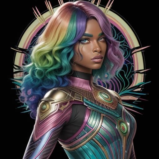 Beautiful woman with colourful rainbow skin, dark brown skin, peacock