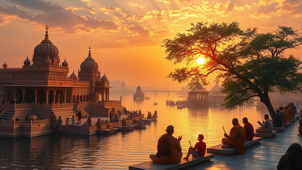 A panoramic scene of Prayagraj showcasing its rich historica...