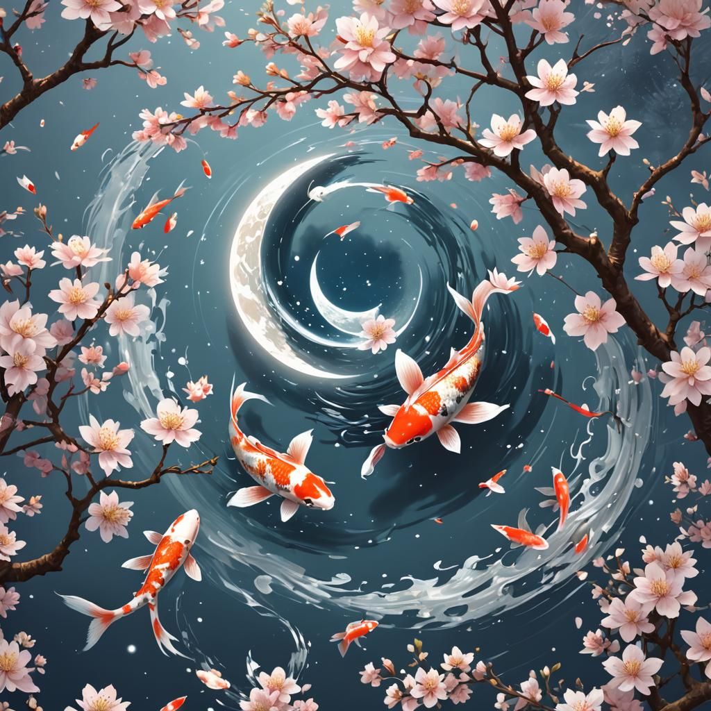 Moon water form, cherry blossoms, koi, yin/yang, intricate, ...