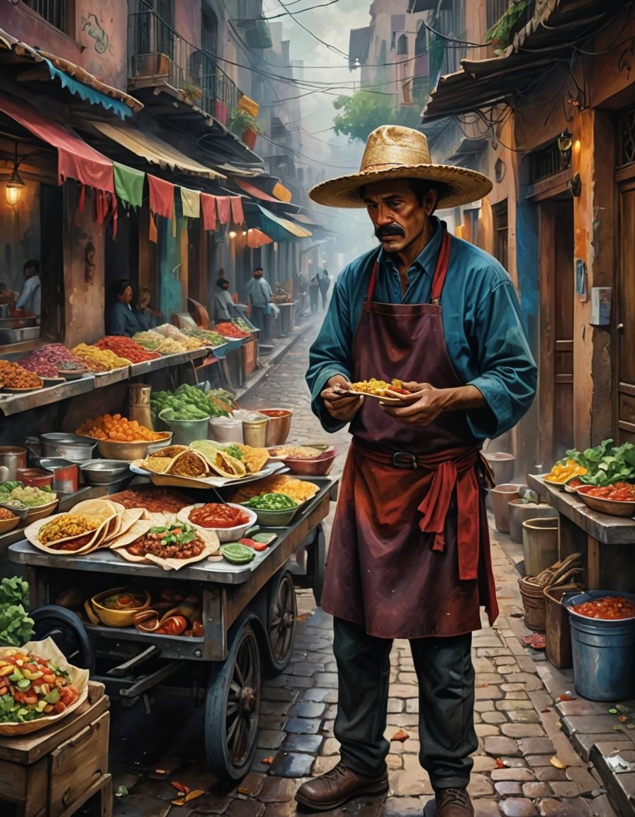 masterpiece, gloomy atmosphere, street,, Close-up1 Mexican street colorful taco vendor with fresh ingredients ...  by @undefined