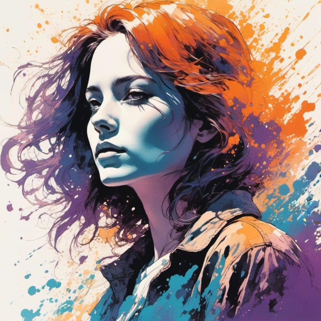 <lora:Liminal Lacquer:1.0>16k, colorful ink wash art style (minimalism:0.5) full body portrait close up with complementary amber, ultraviole...