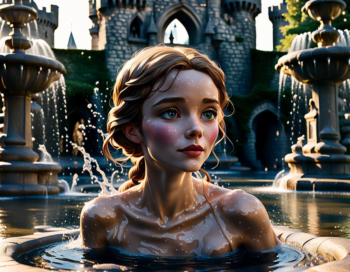 Closeup of Belle skinny dipping in castle fountain AI Generated