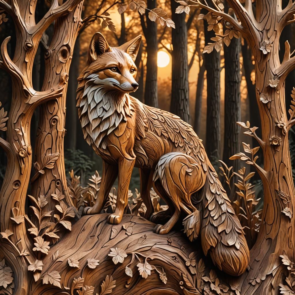 A wood carved fox in the woods with a sunrise  by @Frozen grapes queen