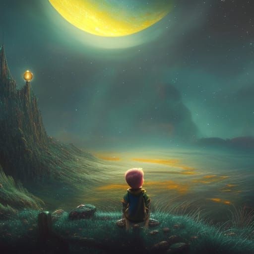 Little prince wondering looking at the stars in the sky
