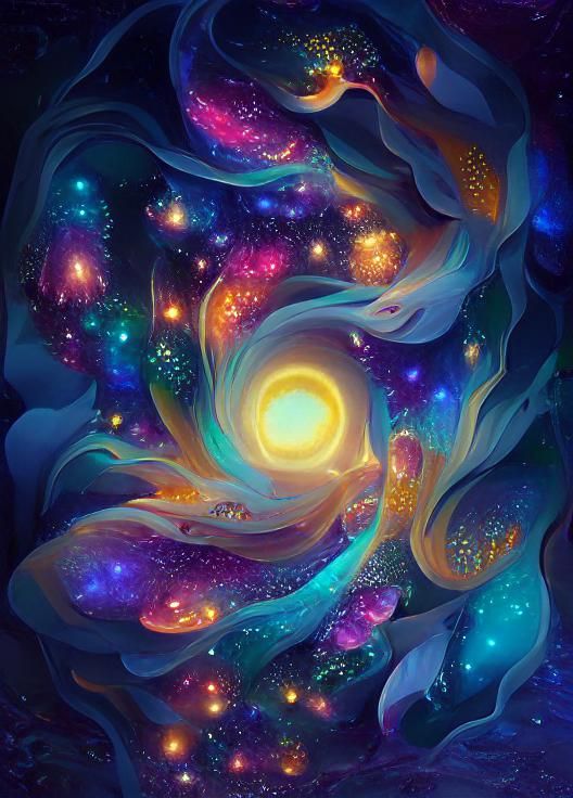 In space, a sky full of brilliant stars and colorful planets...